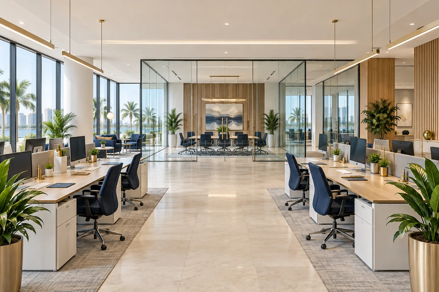 Illustrative spacious, organized office with glass conference room, navy chairs and natural daylight